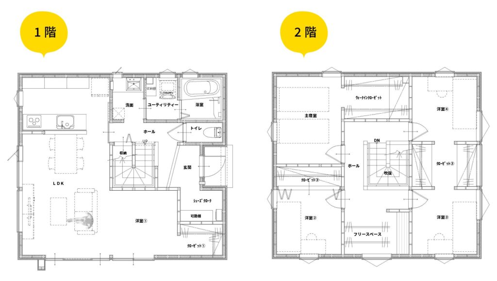 モデルハウス間取り図｜1階にLDK、水回り、洋室1部屋/2階に洋室4部屋とフリースペースがあります。